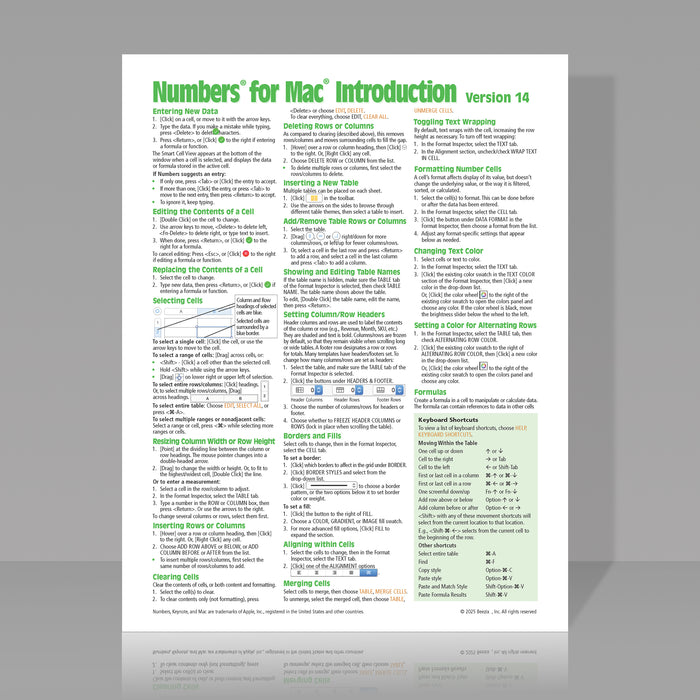 Numbers for Mac 14 Introduction Quick Reference