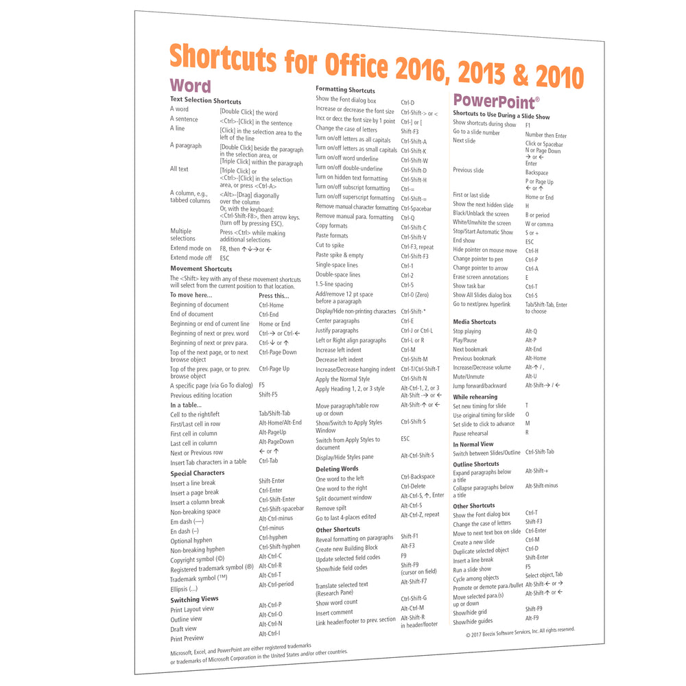 Shortcuts for Office 2016, 2013 & 2010 Quick Reference