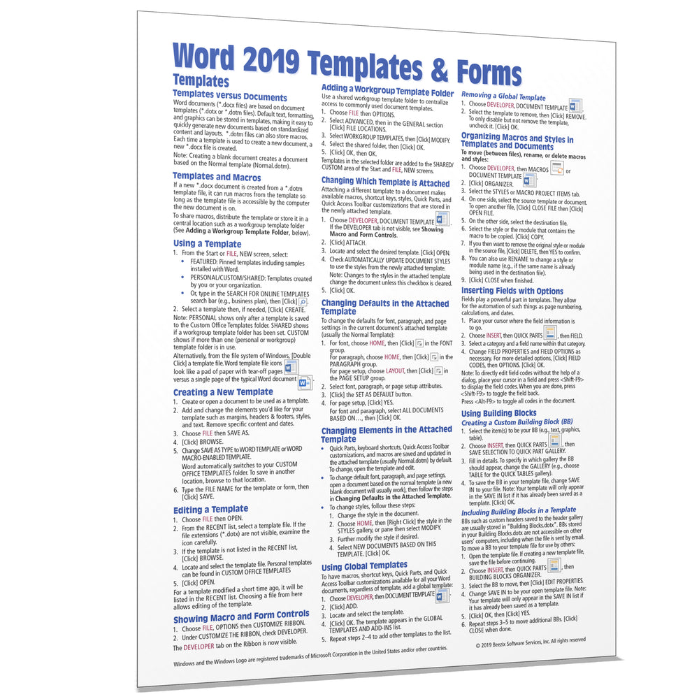 Word 2019 Templates & Forms Quick Reference