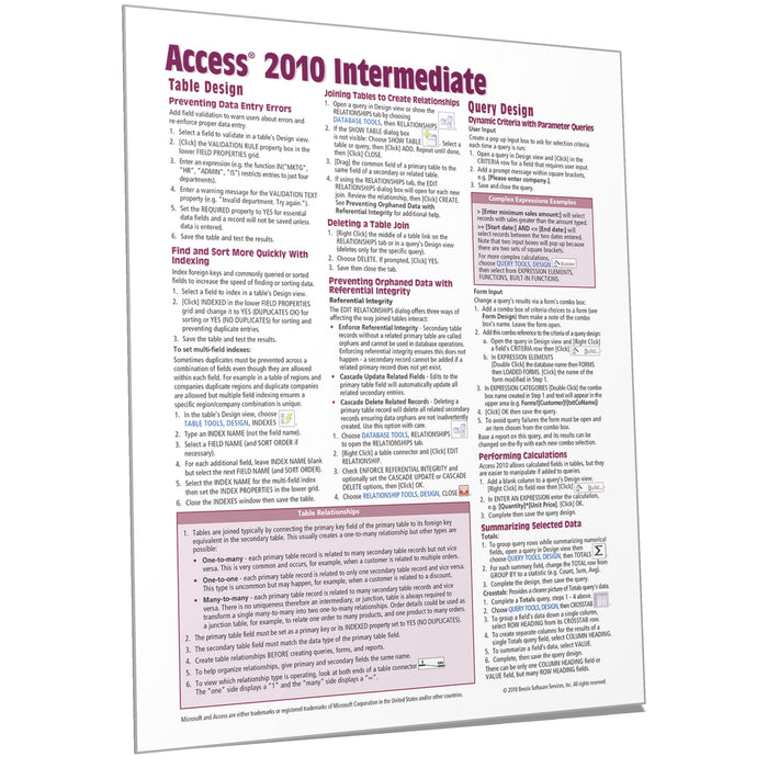 Access 2010 Intermediate Quick Reference