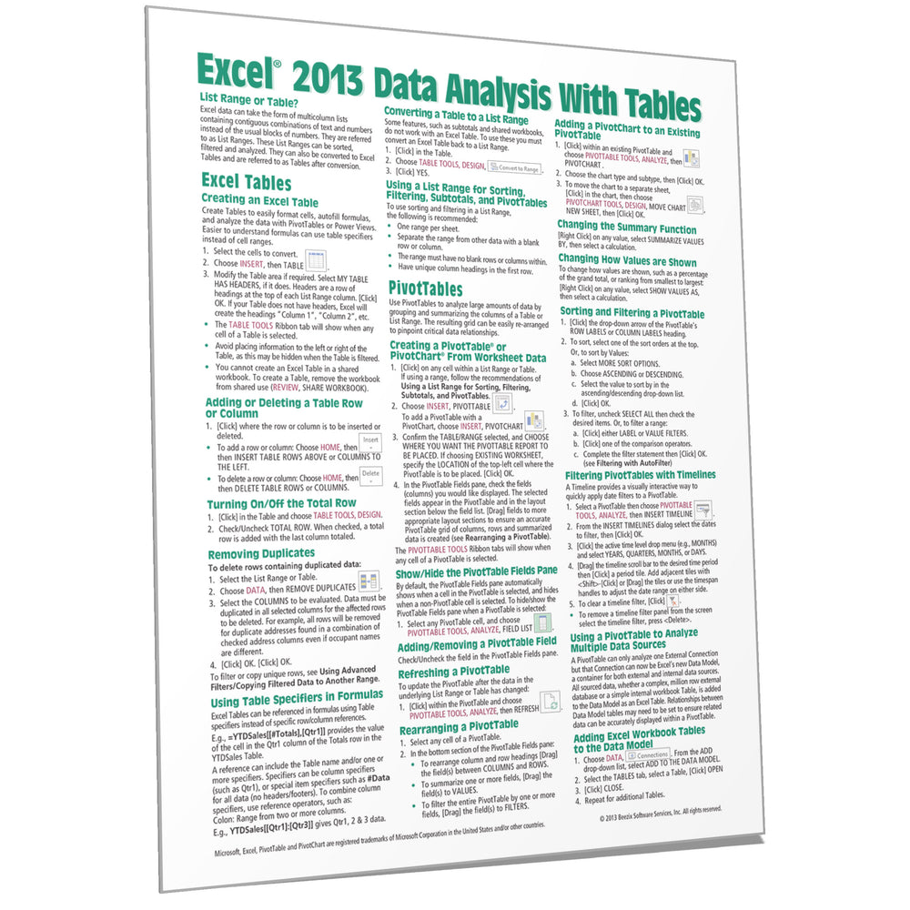 Excel 2013 Data Analysis with Tables Quick Reference