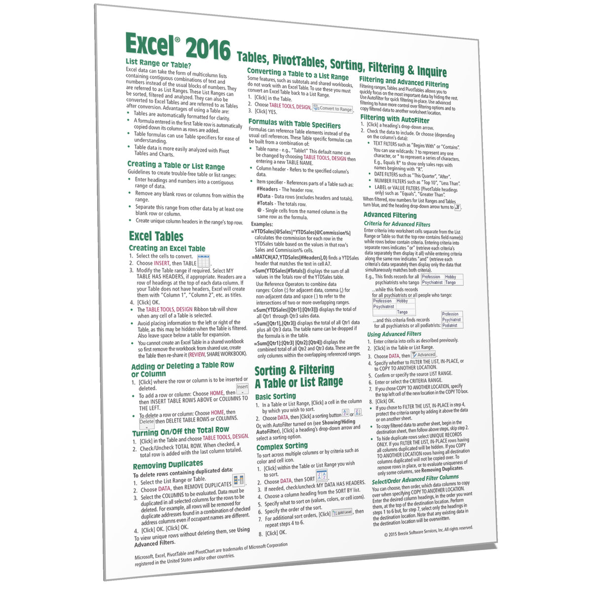 Excel 2016 Tables PivotTables Filters Cheat Sheet Card - Beezix