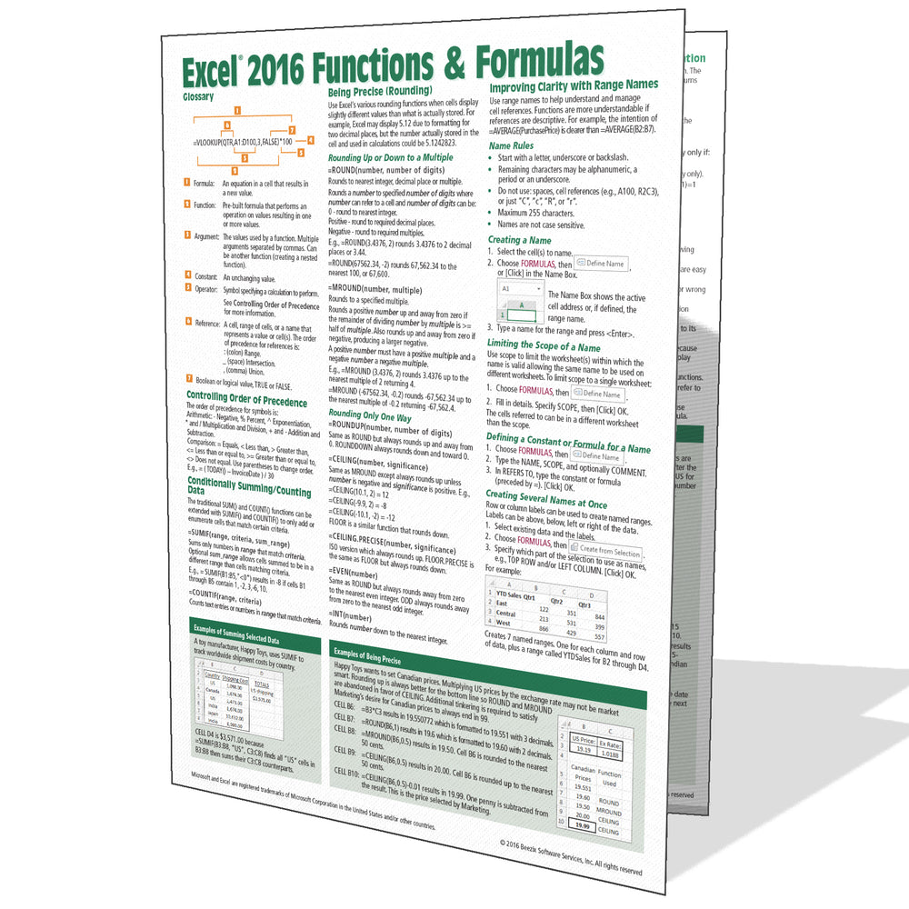 Excel 2016 Functions Formulas Quick Reference, Training Guide - Beezix