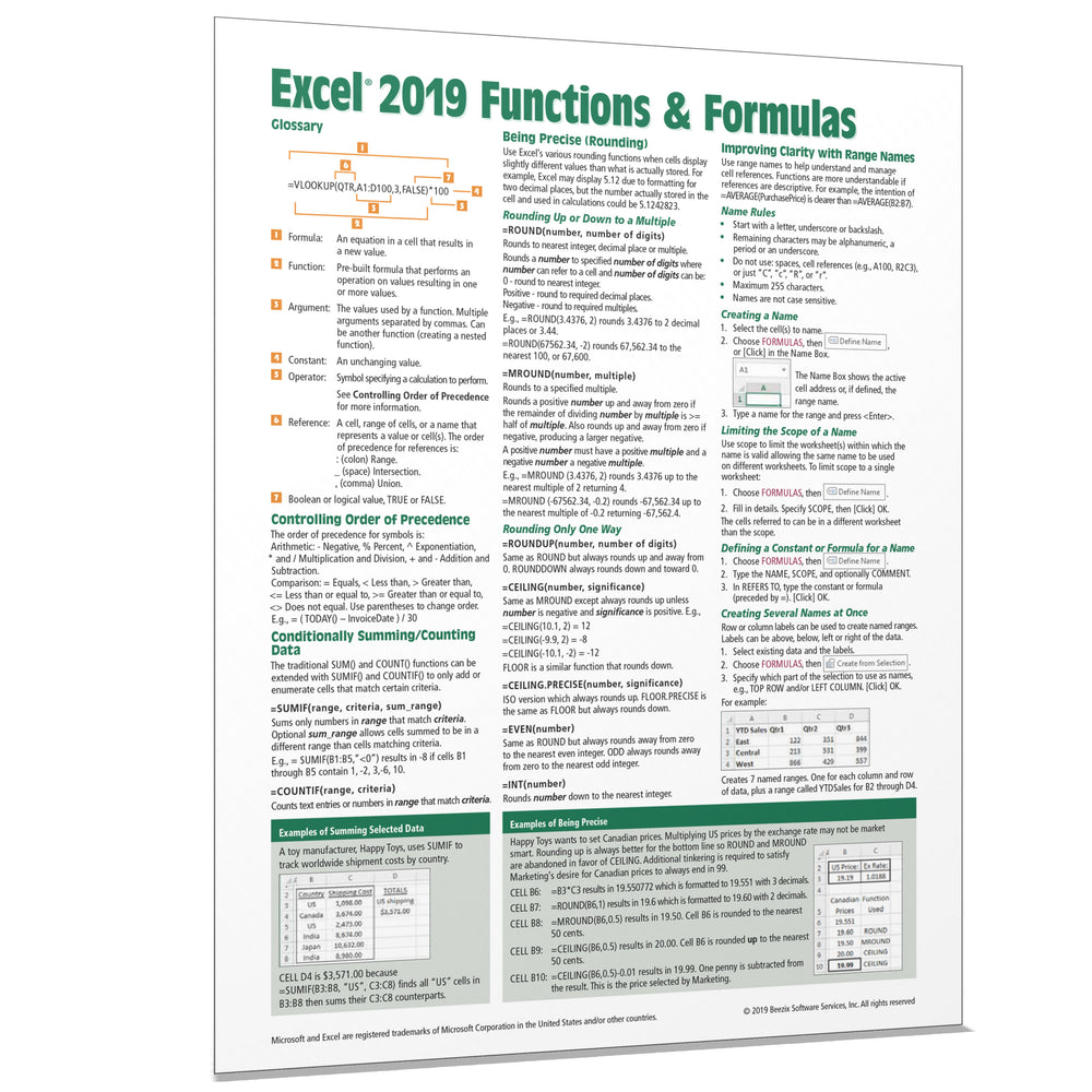 Excel 2019 Functions Formulas Quick Reference, Training Guide - Beezix