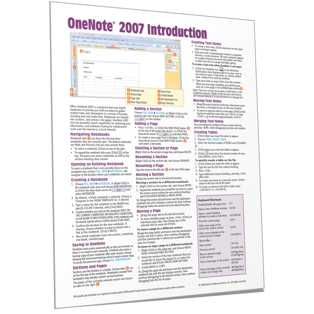 OneNote 2007 Quick Reference, Cheat Sheet, Guide, Card - Beezix