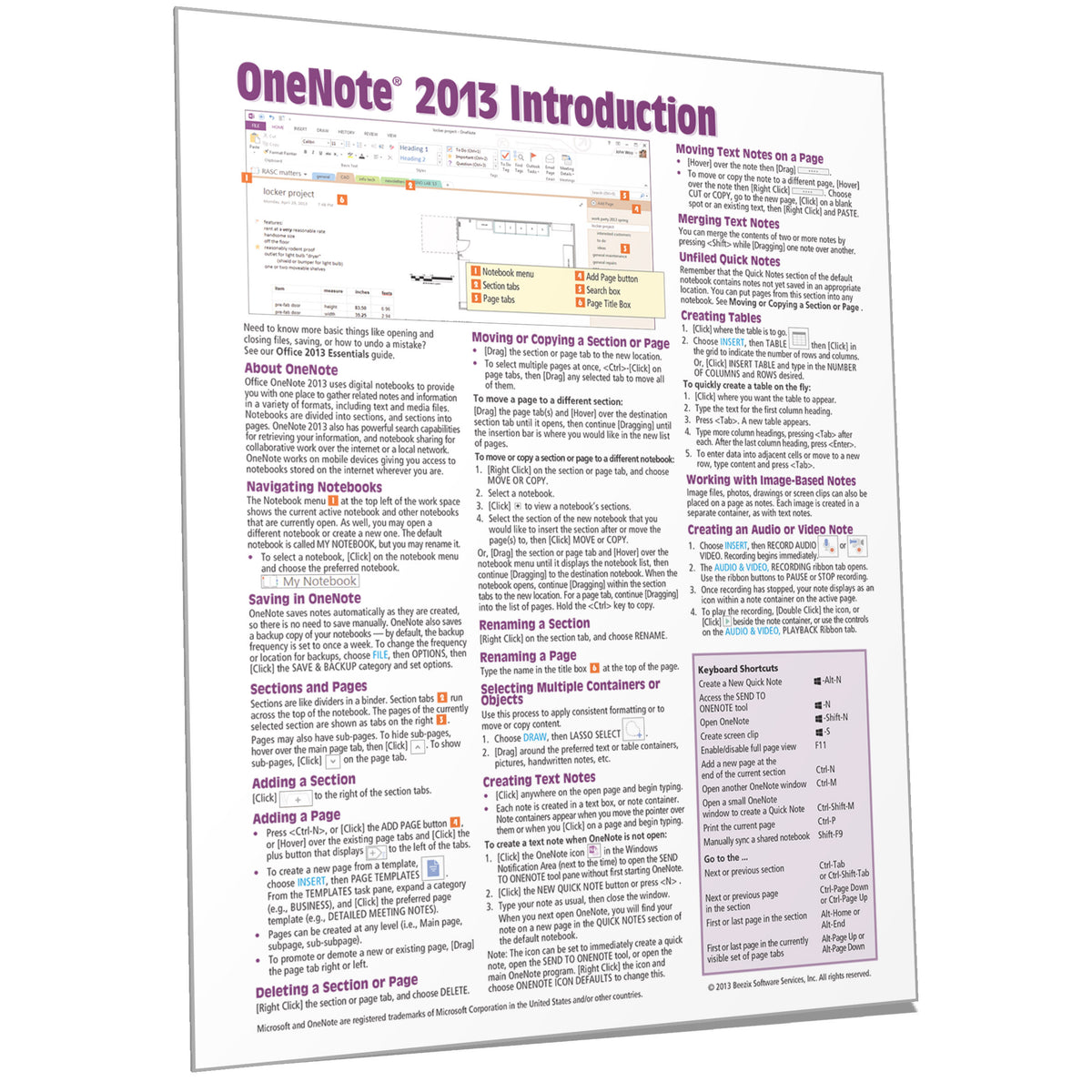 OneNote 2013 Quick Reference, Cheat Sheet, Guide, Card - Beezix