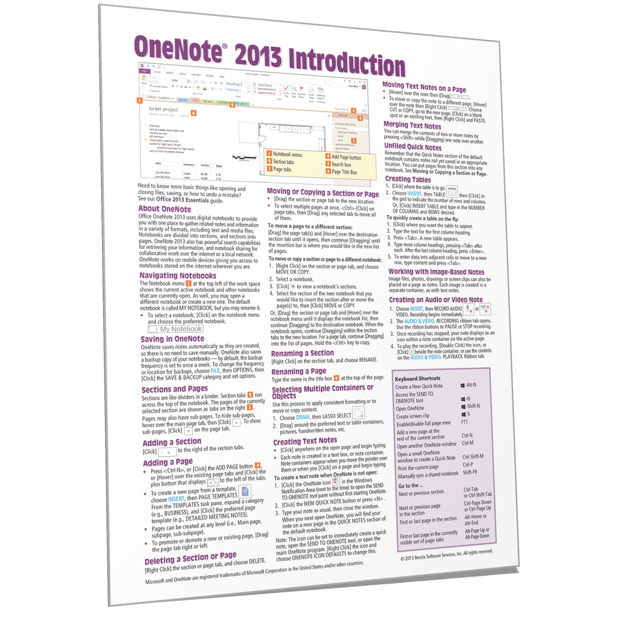 OneNote 2013 Quick Reference, Cheat Sheet, Guide, Card - Beezix