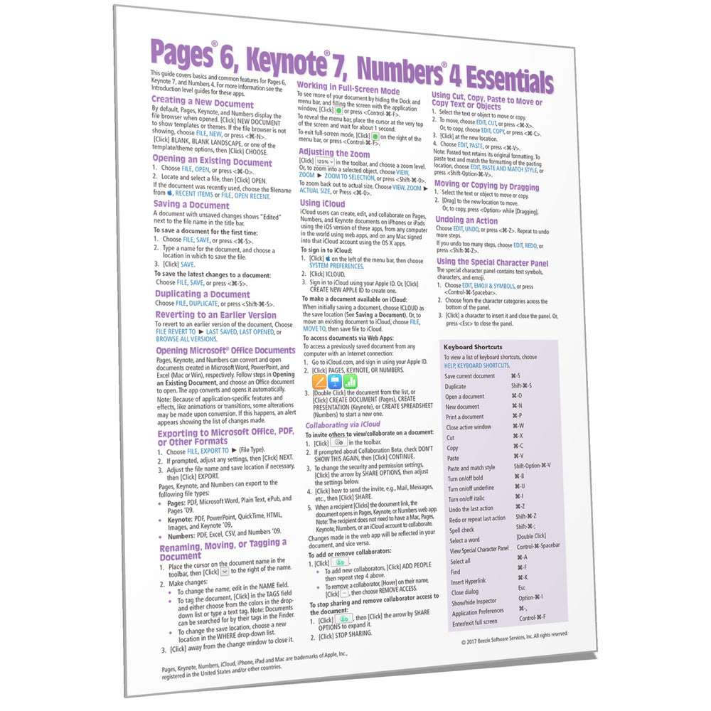 Pages 6, Keynote 7, Numbers 4 Essentials Quick Reference