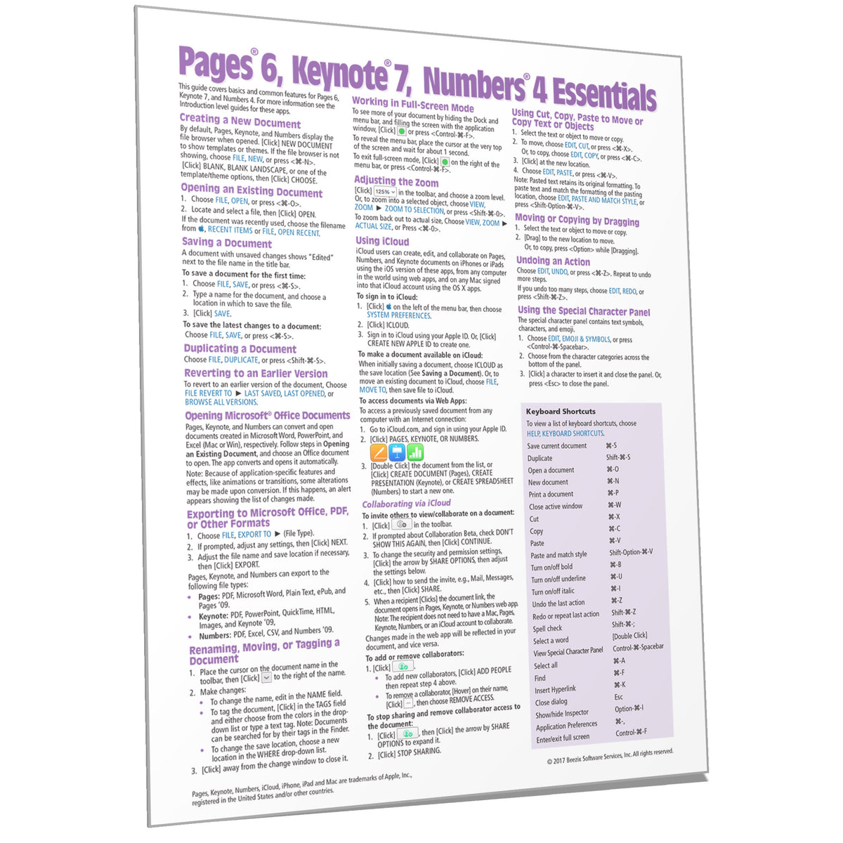 Pages Keynote Numbers Mac Quick Reference, Sierra Card Beezix
