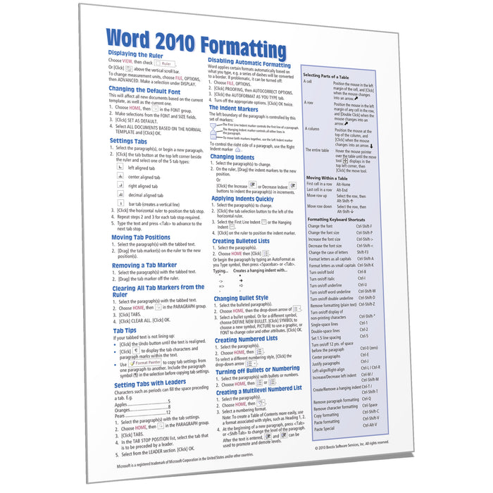 Word 2010 Formatting Quick Reference
