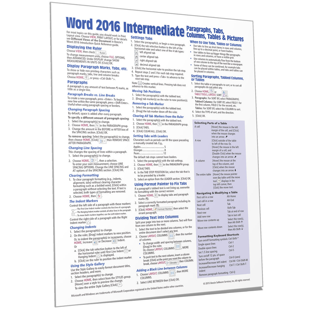 Word 2016 Intermediate Quick Reference