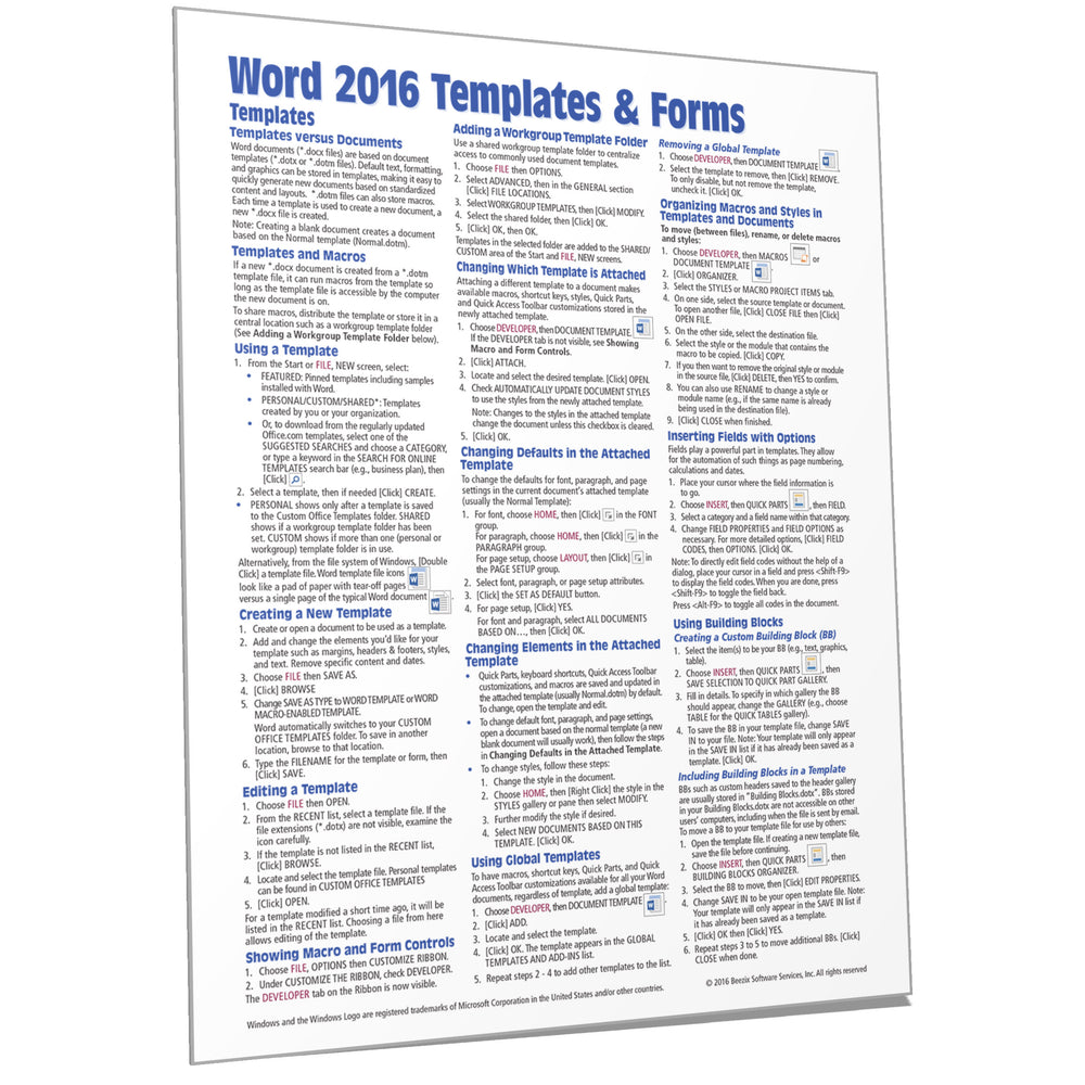 Word 2016 Templates & Forms Quick Reference