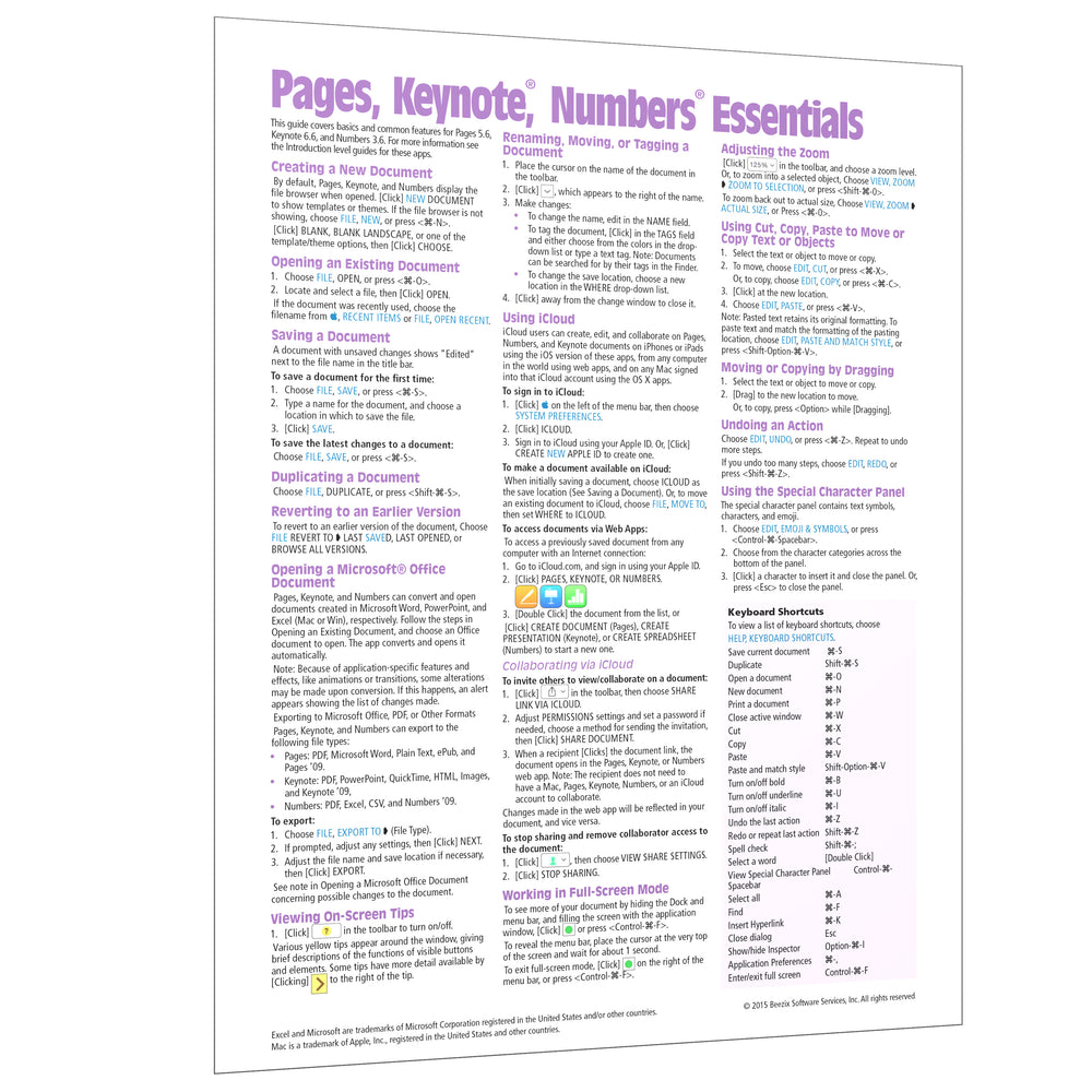 Pages, Keynote, Numbers Essentials Quick Reference (ver x.6)