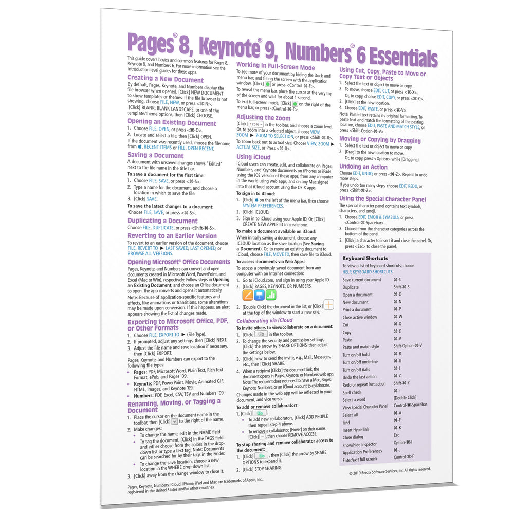 Pages 8, Keynote 9, Numbers 6 Essentials Quick Reference